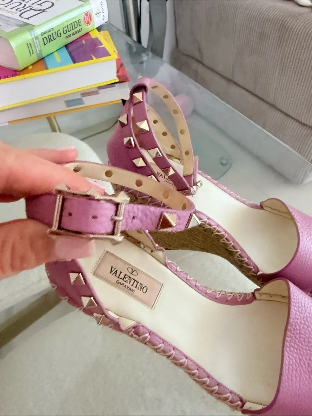 Valentino Garavani Women’s Pink Espadrille Wedge Sandals with Ankle Strap